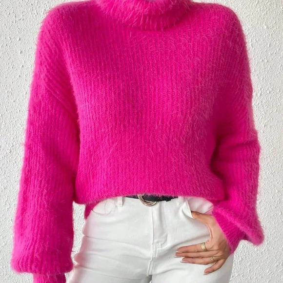 Hot Pink Casual Women's Turtleneck Drop Shoulder Fuzzy Sweater - Picture 5 of 6